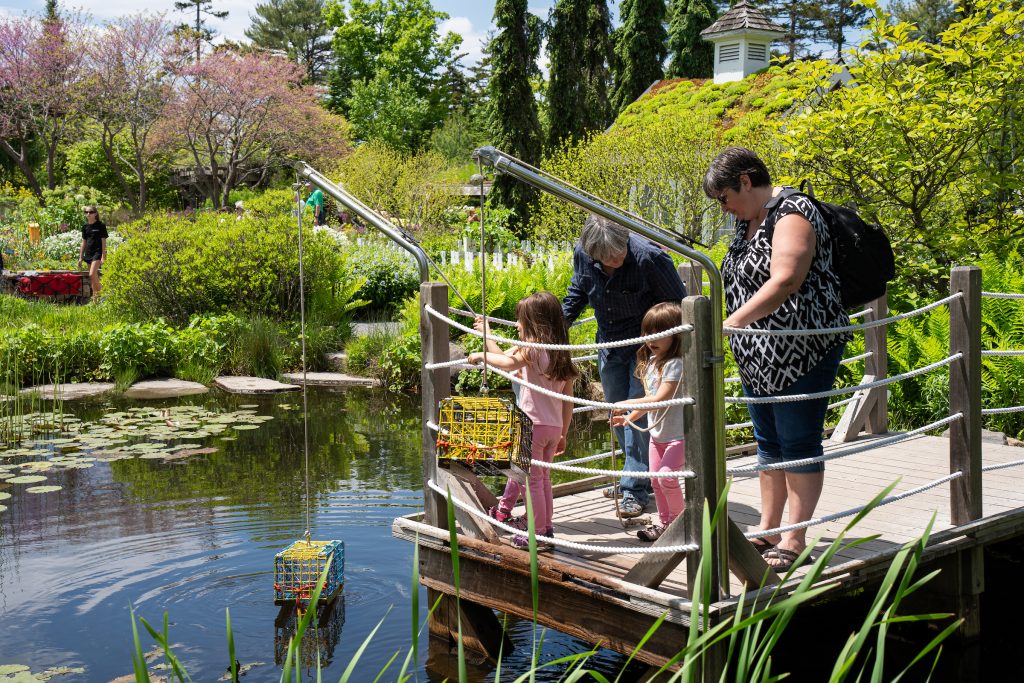 A family on a dock in the Children's Garden.